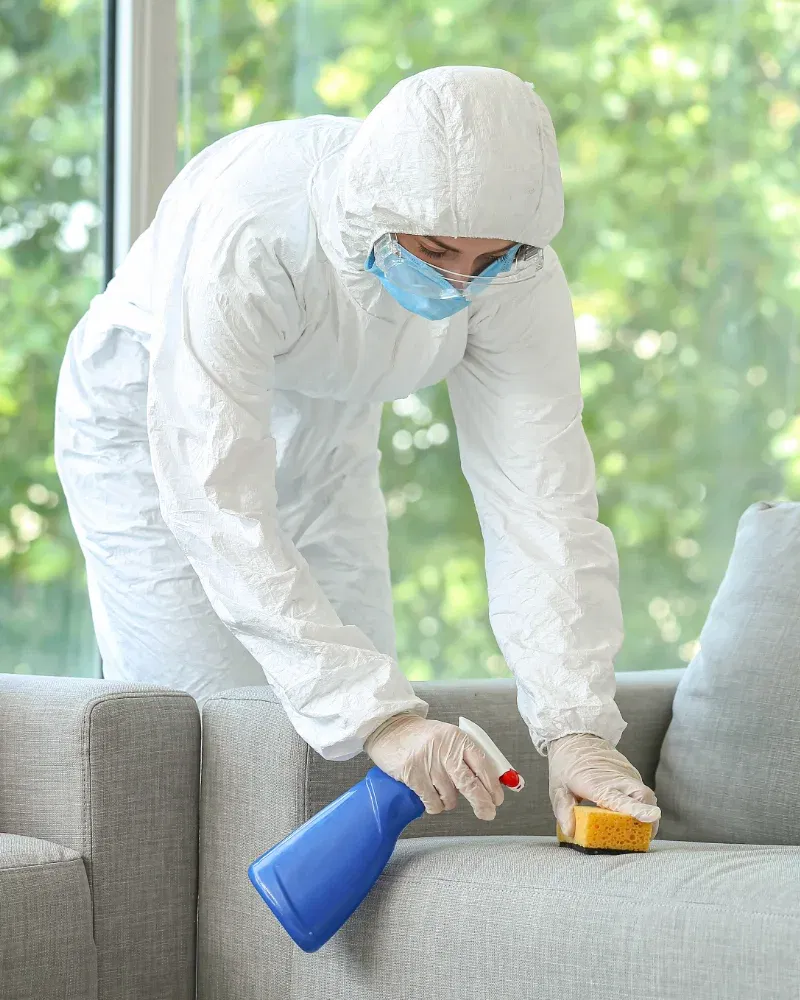 Specialist cleaner in protective suit
