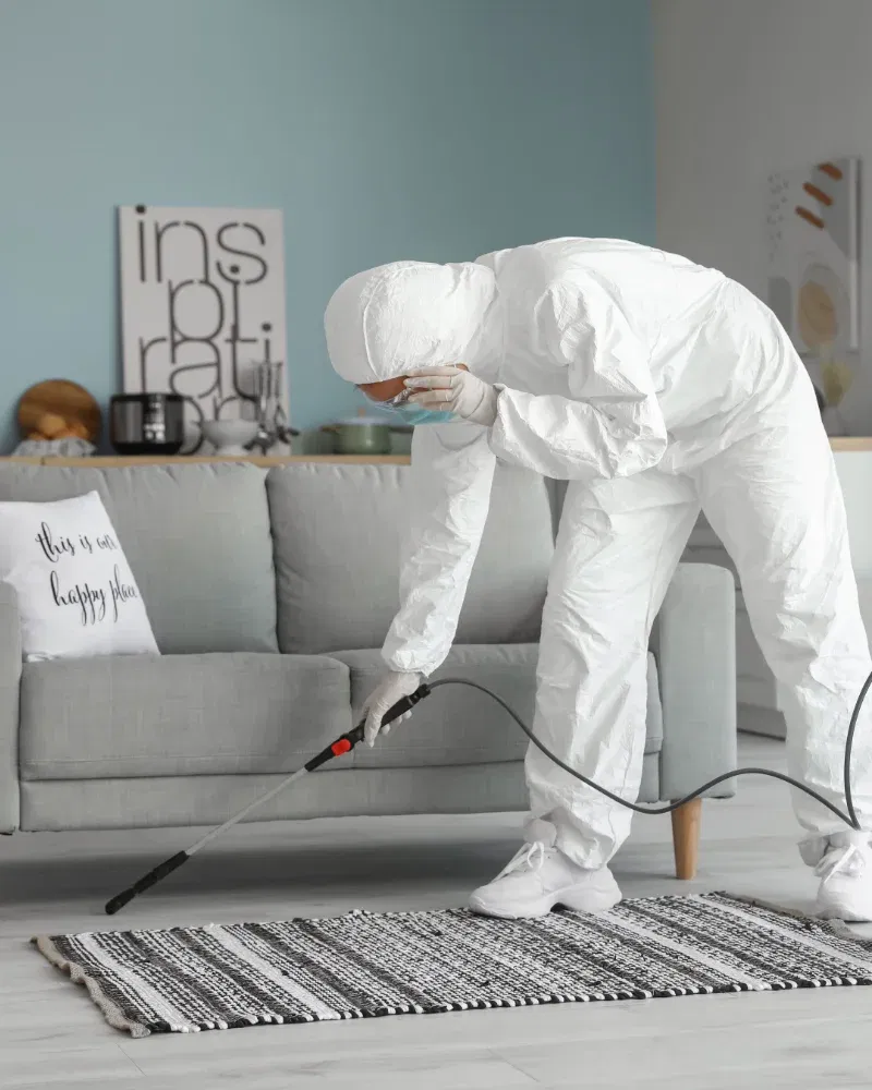 Specialist trauma scene cleaner in protective suit