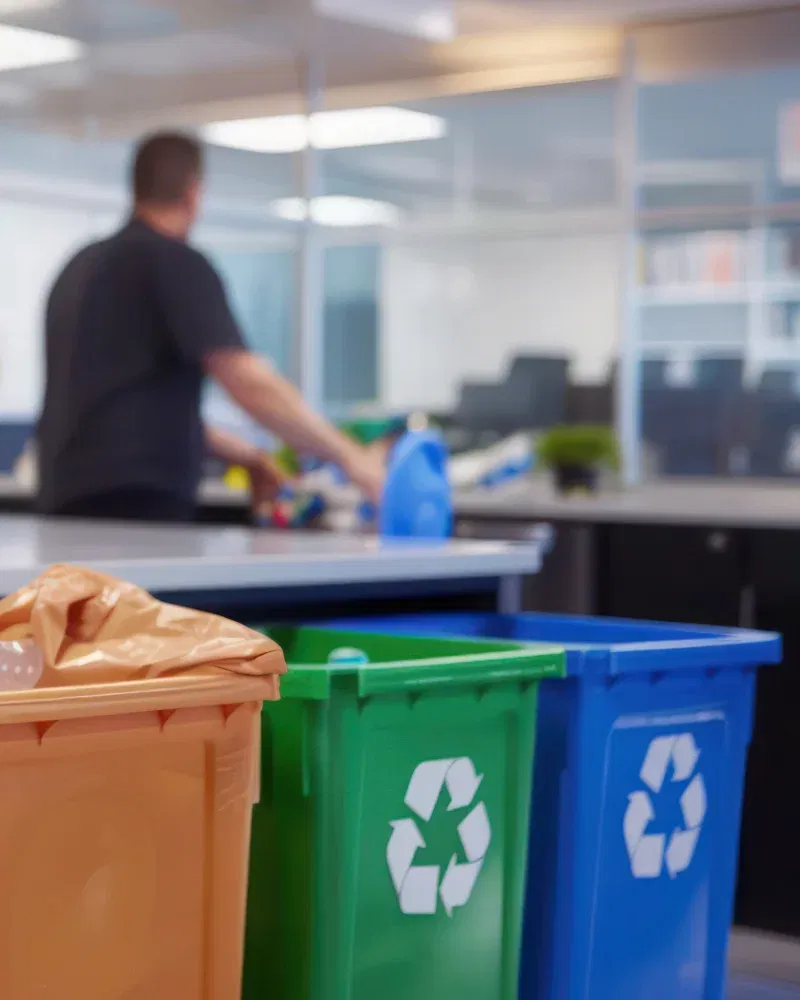 Colour coded recycling bins in an office
